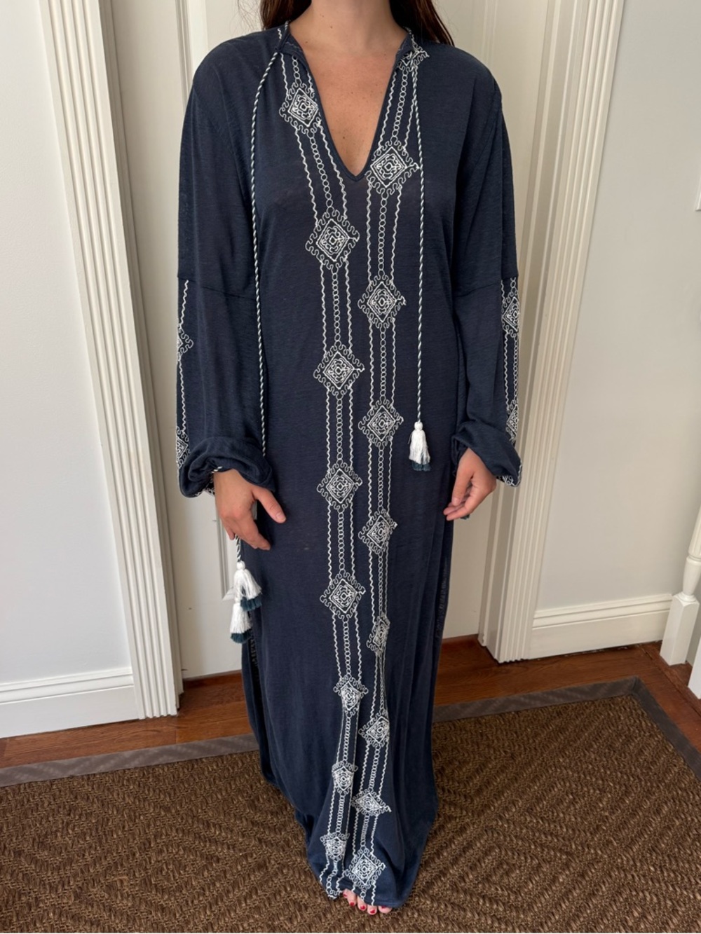 Silvia Tcherassi Navy Blue Embroidered Maxi Dress with White Tassels